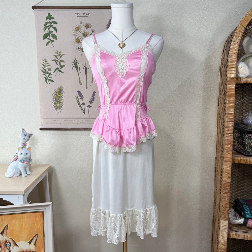 Vintage Nylon Ruffle Lace Cami Top Romantic Sexy Femme Dolly Coquette Fairy XS